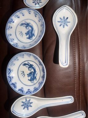 Blue and White Dragon Porcelain Soup Spoon and Dipping Bowls - Home Dining